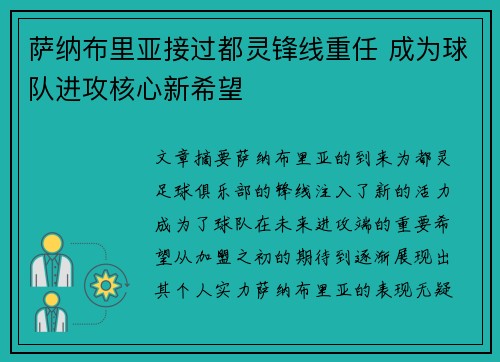 萨纳布里亚接过都灵锋线重任 成为球队进攻核心新希望