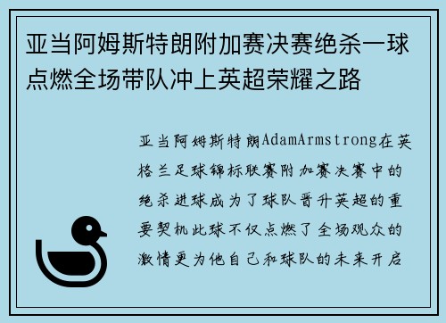 亚当阿姆斯特朗附加赛决赛绝杀一球点燃全场带队冲上英超荣耀之路